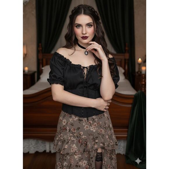 Bebe Black Silk Linen Corset Top Off The Shoulder Y2K Milkmaid Coquette Sz 4 - Picture 3 of 15